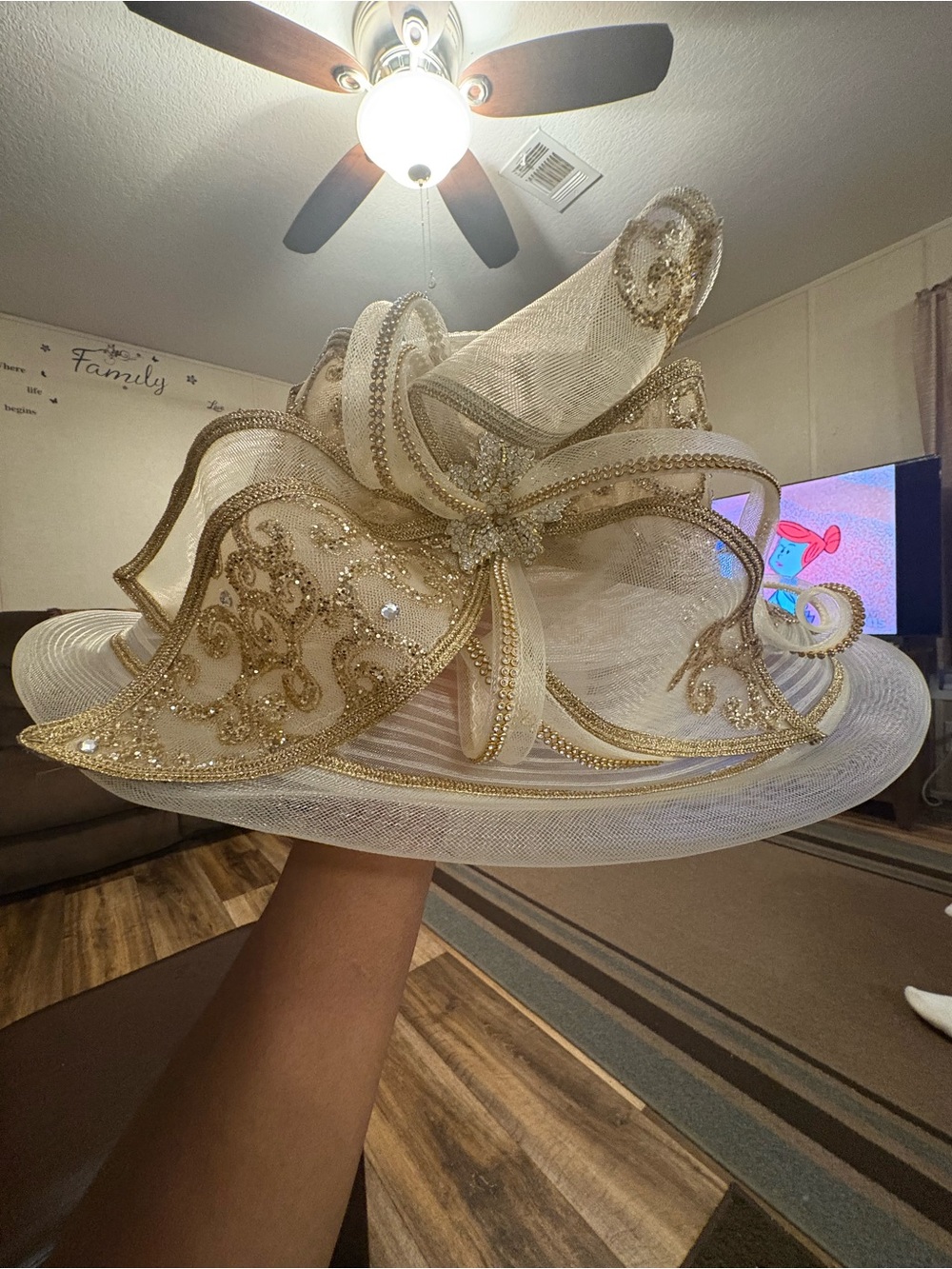 Elegant Ivory and Gold Decorative Women's Dress Hat